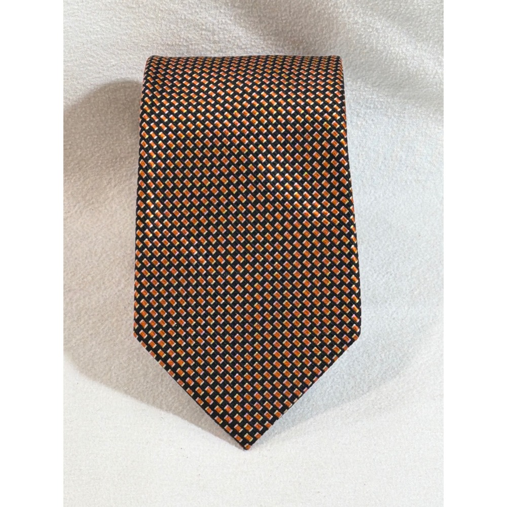 Sean John Mens Silk Tie Orange Black White Geometric Woven Pattern Classic 58in